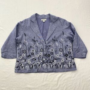Coldwater Creek Linen Blazer Jacket Petite Large Embroidered Floral Pockets